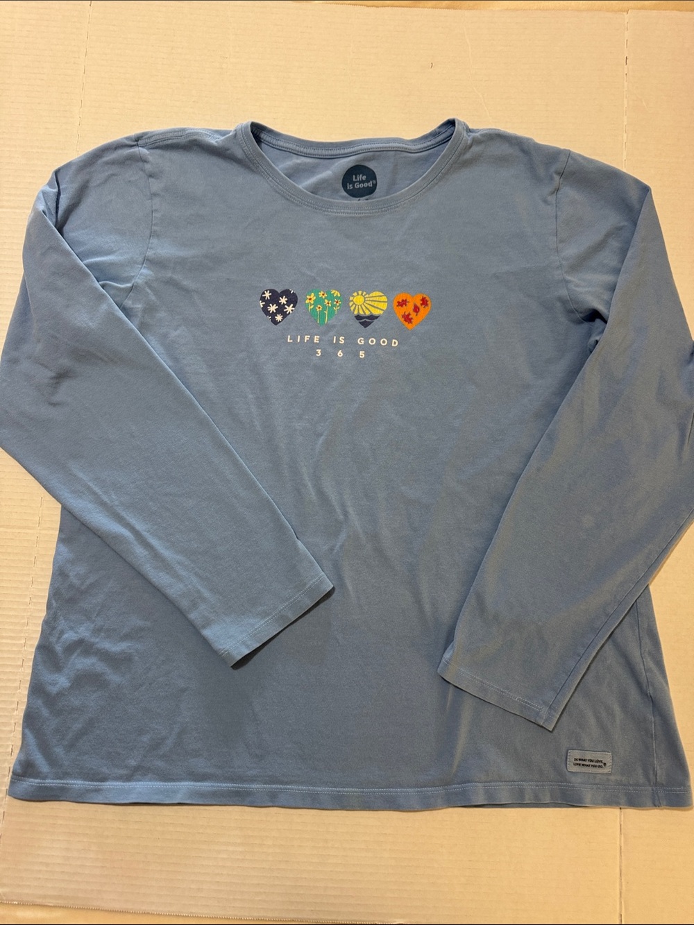 Life Is Good Dusty Blue Long-Sleeve Tee with Multicolor Heart Motif 286